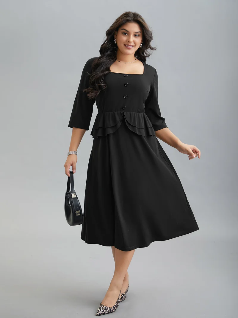 Ruffle Trim Button Front Midi Dress