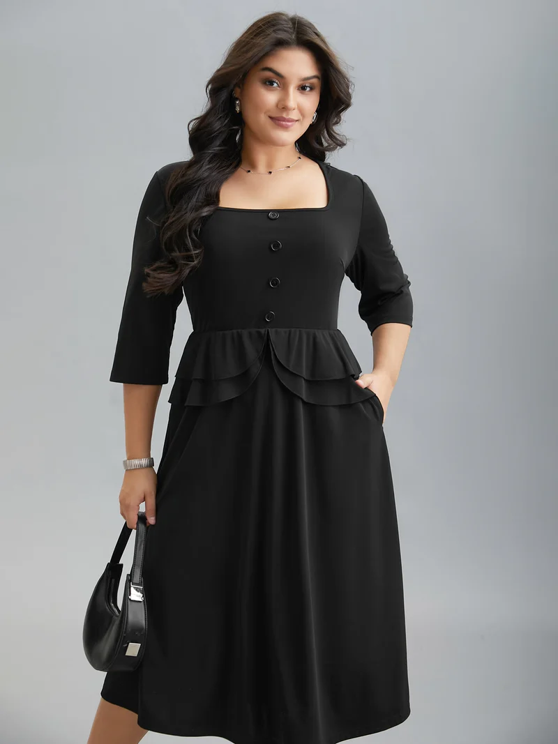 Ruffle Trim Button Front Midi Dress