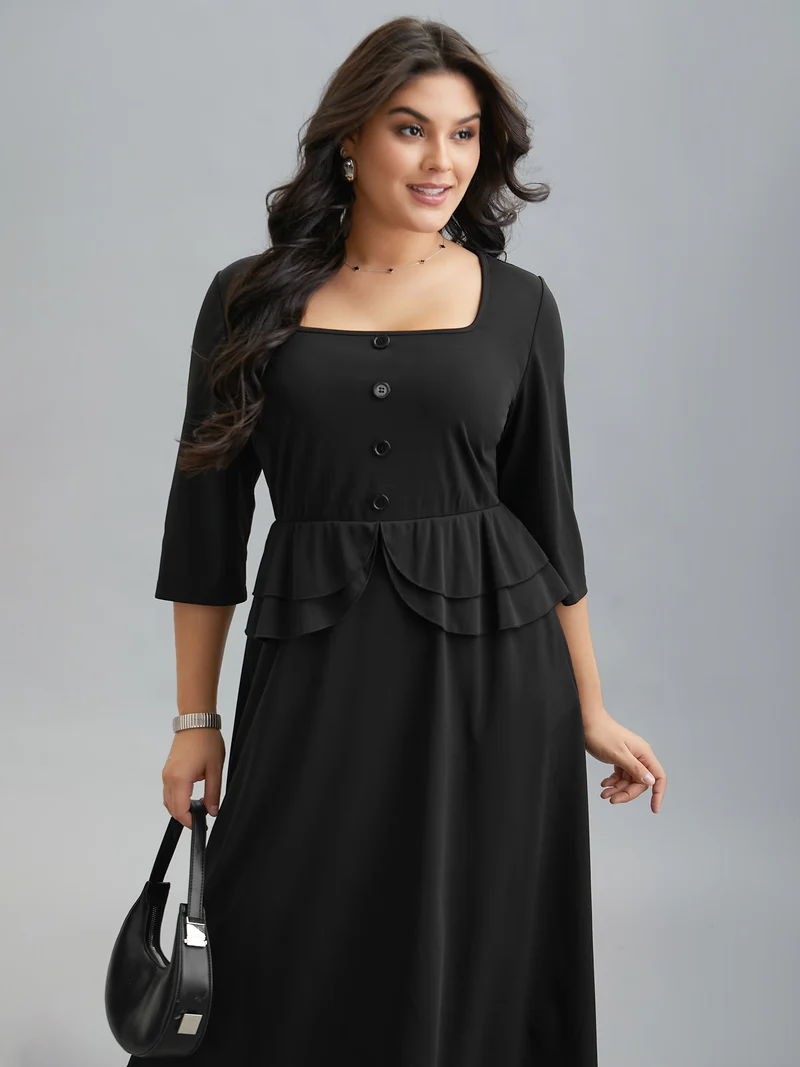Ruffle Trim Button Front Midi Dress