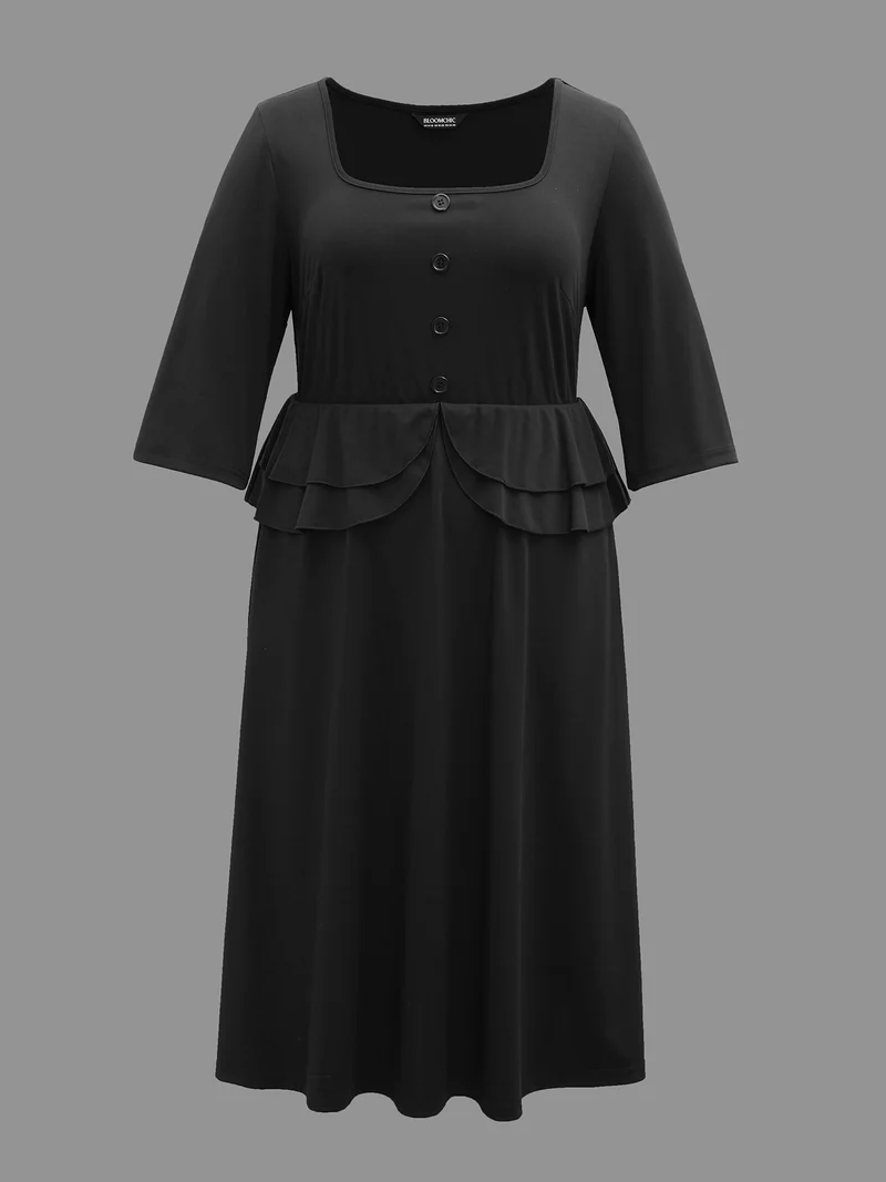 Ruffle Trim Button Front Midi Dress