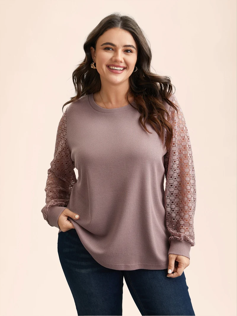 Textured Lace Spliced Stretchy T-Shirt