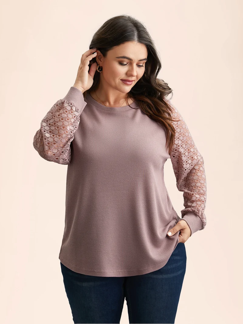 Textured Lace Spliced Stretchy T-Shirt