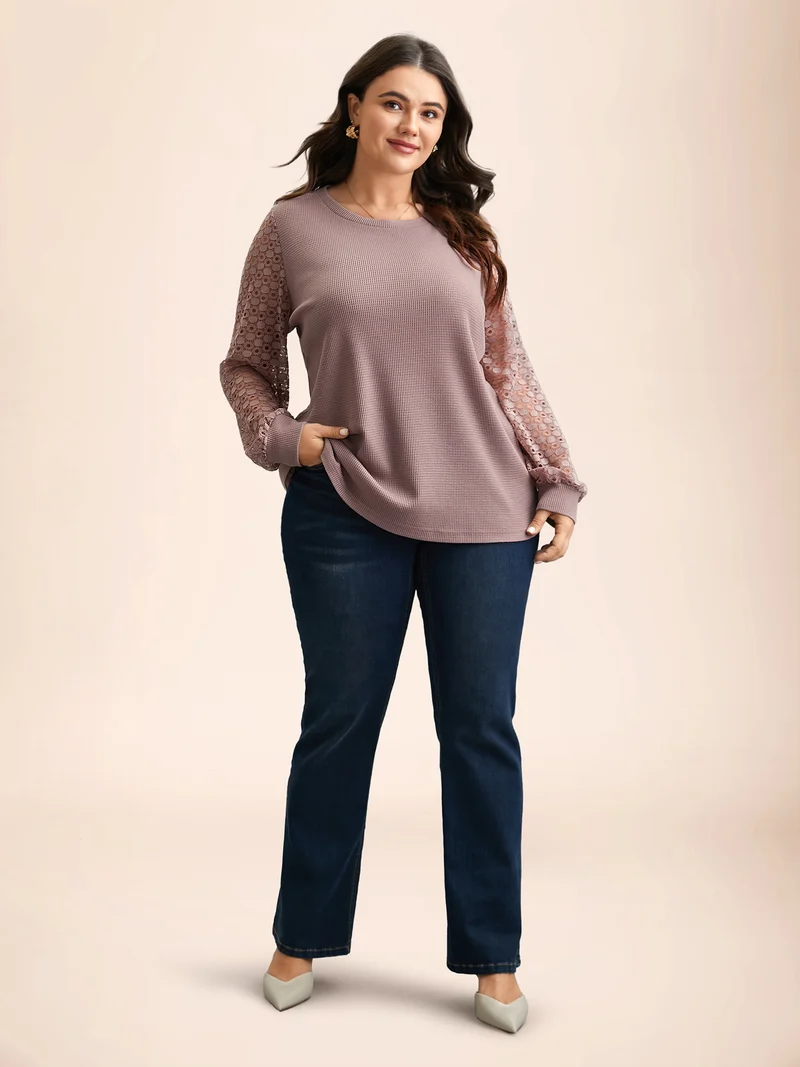 Textured Lace Spliced Stretchy T-Shirt