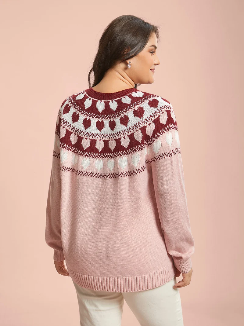 Round Neck Heart Jacquard Ribbed Pullover