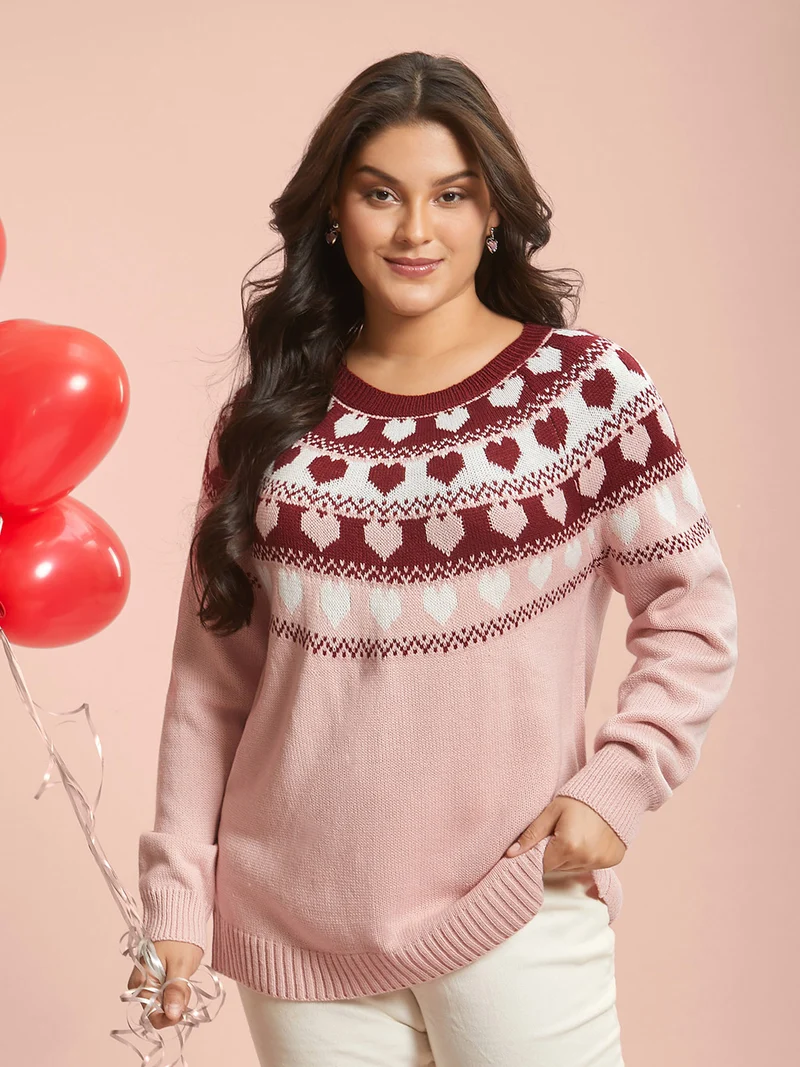 Round Neck Heart Jacquard Ribbed Pullover