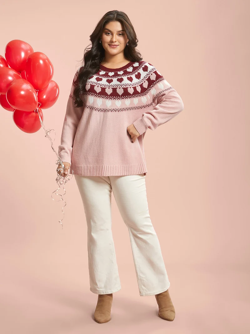 Round Neck Heart Jacquard Ribbed Pullover