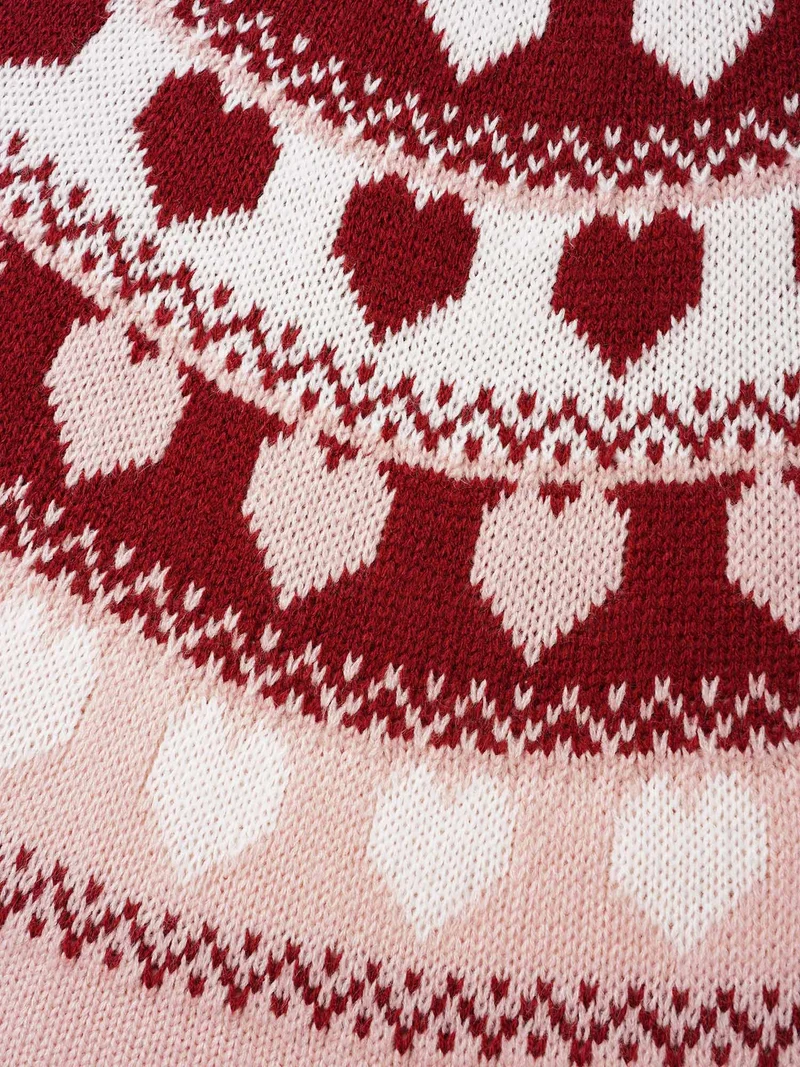 Round Neck Heart Jacquard Ribbed Pullover