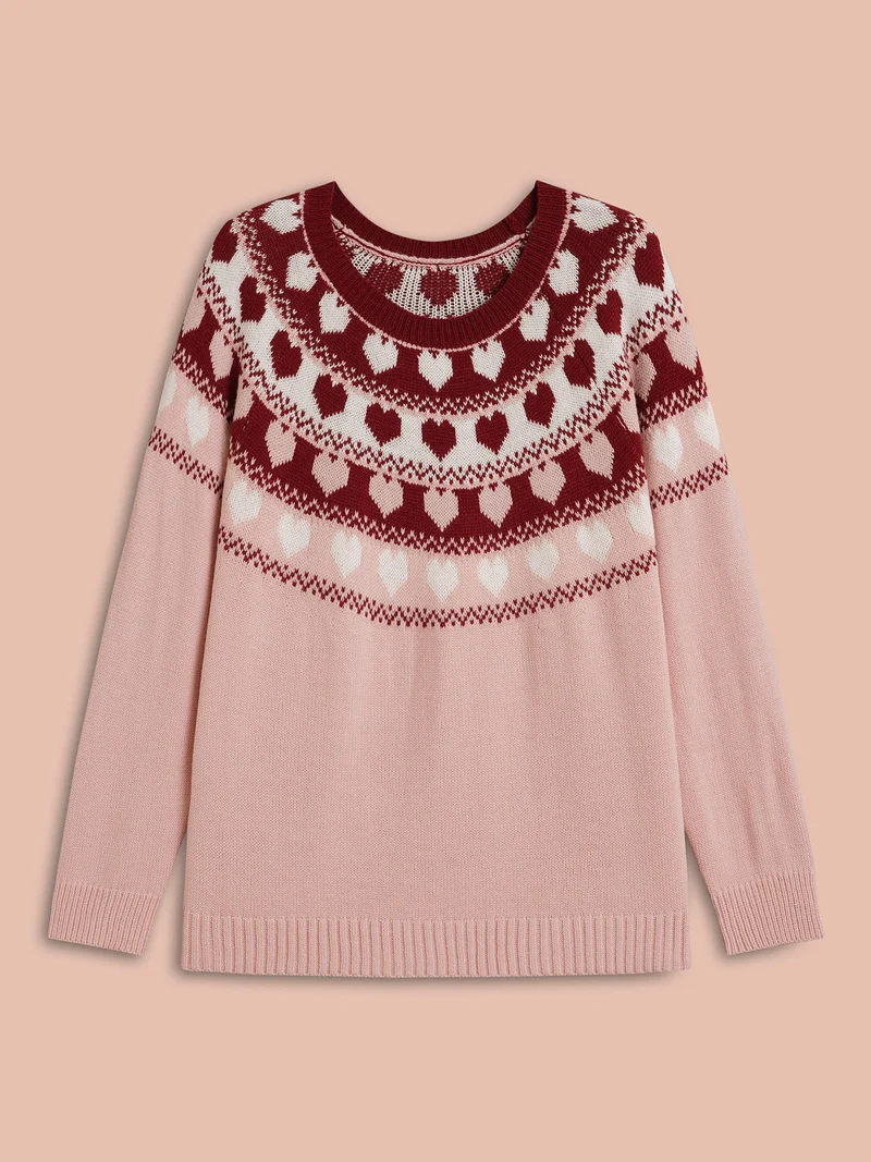 Round Neck Heart Jacquard Ribbed Pullover