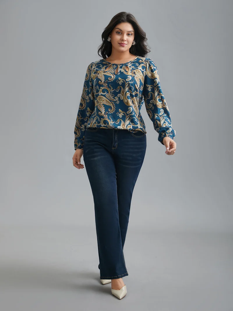 Round Neck Paisley Cut Out Blouse