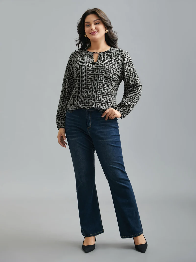 Geometric Print Plicated Detail Keyhole Blouse
