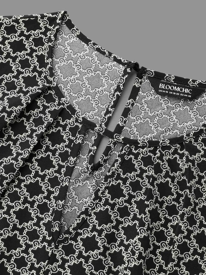Geometric Print Plicated Detail Keyhole Blouse