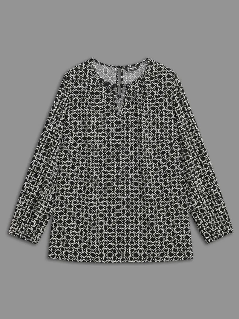 Geometric Print Plicated Detail Keyhole Blouse