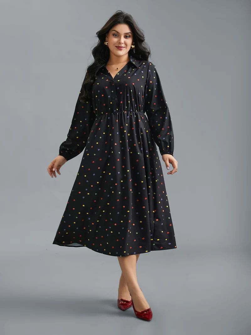 Shirt Collar Colored Polka Dot Dress
