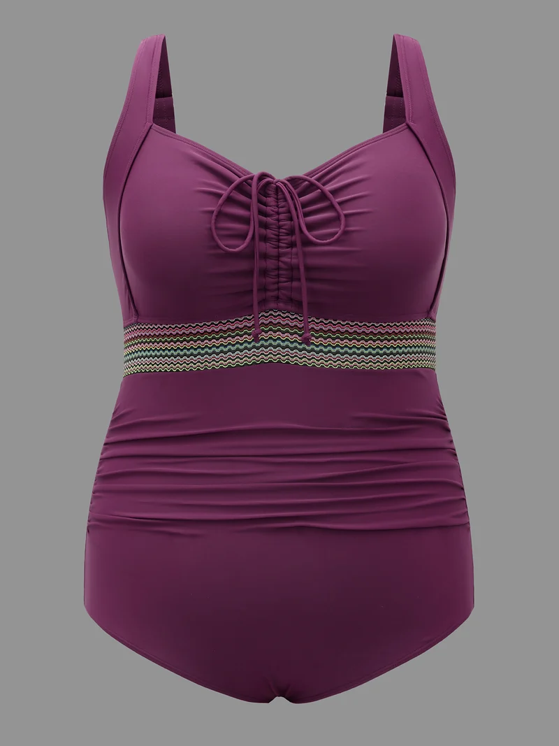 Adjustable Drawstring Ruched Contrast Webbing One-Piece Swimsuit