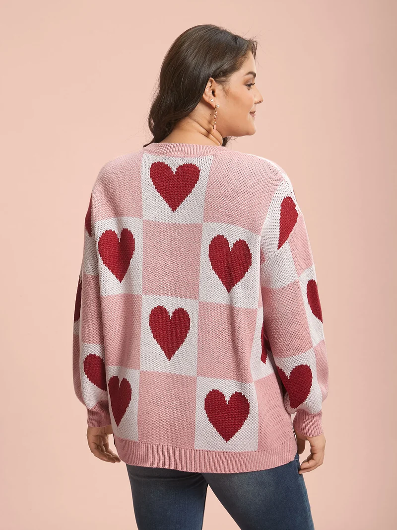 Checkered Hearts Jacquard Color-Contrast Pullover