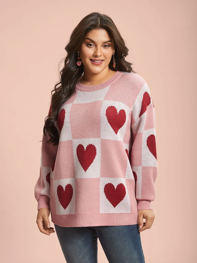 Checkered Hearts Jacquard Color-Contrast Pullover