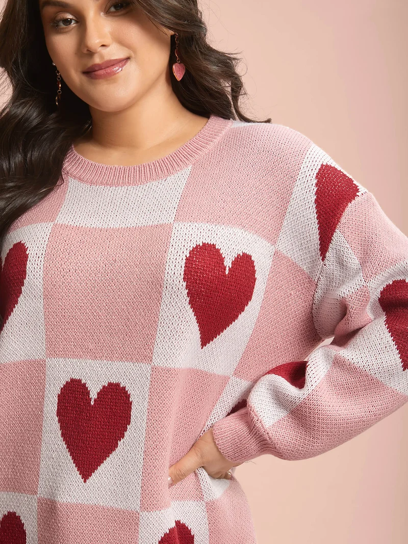 Checkered Hearts Jacquard Color-Contrast Pullover
