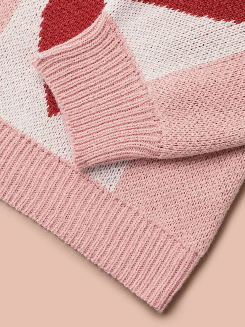 Checkered Hearts Jacquard Color-Contrast Pullover