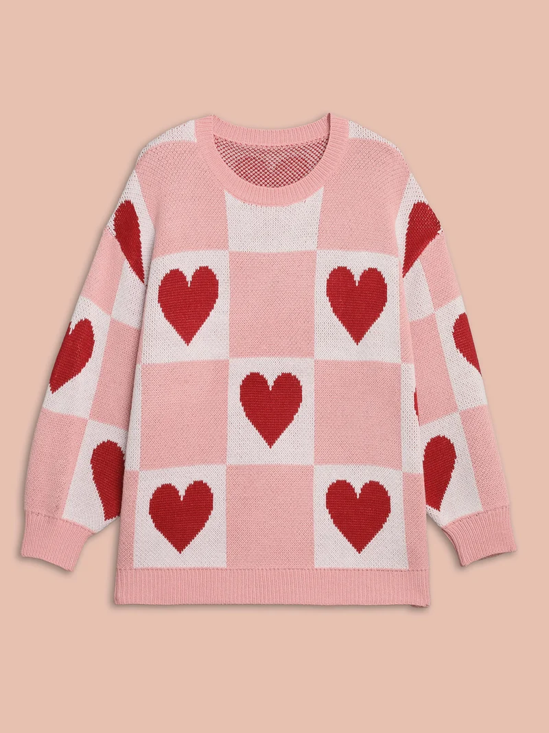 Checkered Hearts Jacquard Color-Contrast Pullover