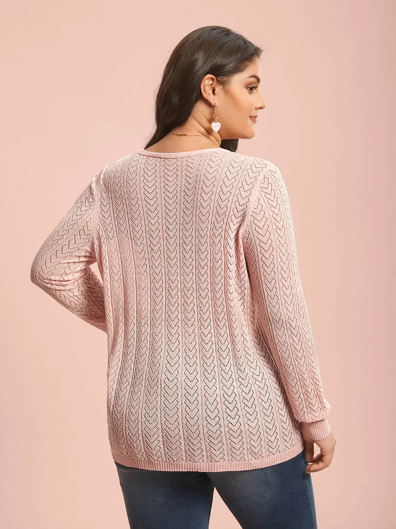 Plain Hollow Out Romantic Textured Pullover