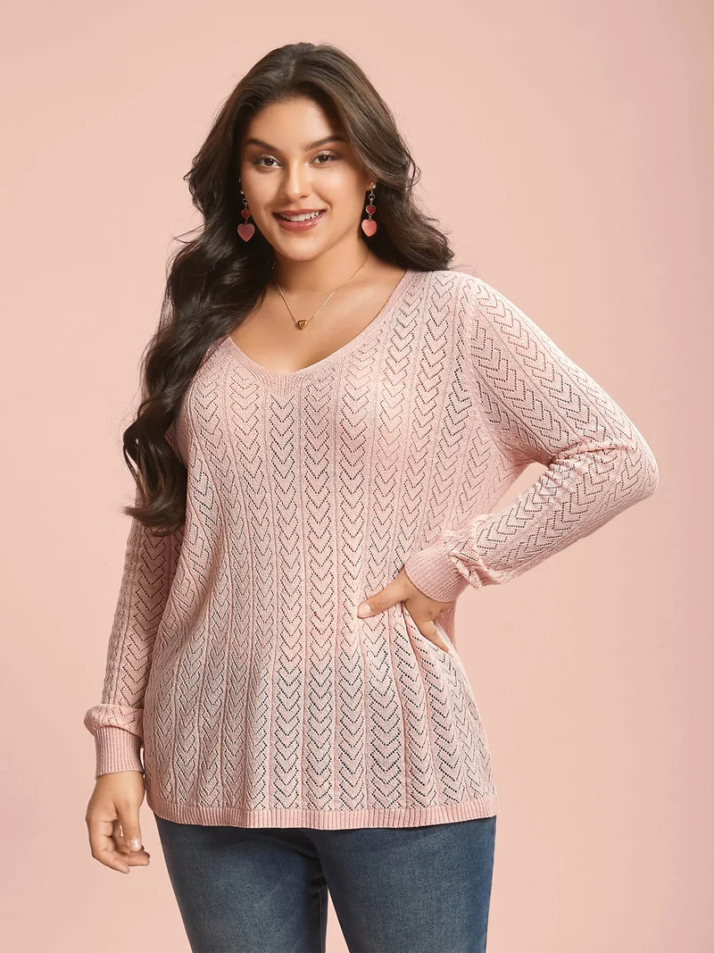 Plain Hollow Out Romantic Textured Pullover