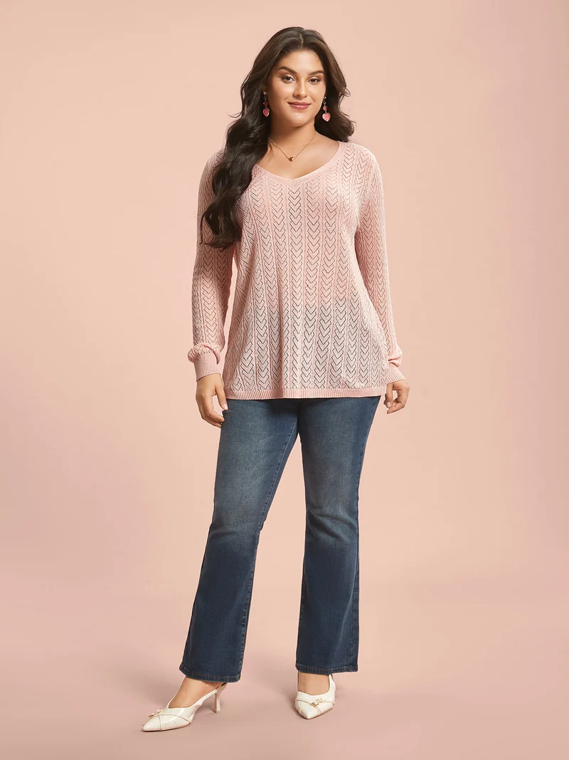 Plain Hollow Out Romantic Textured Pullover