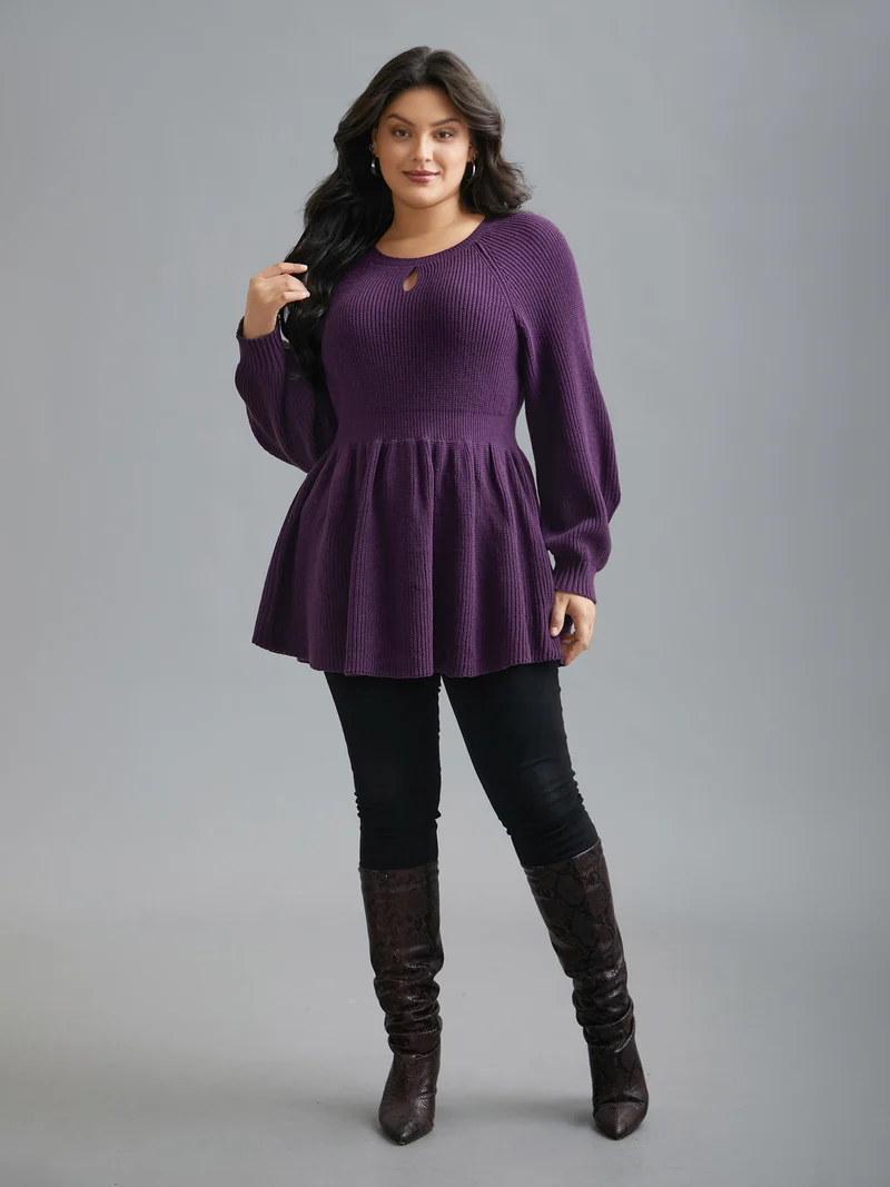 Plain Textured Keyhole Raglan Sleeve Pullover