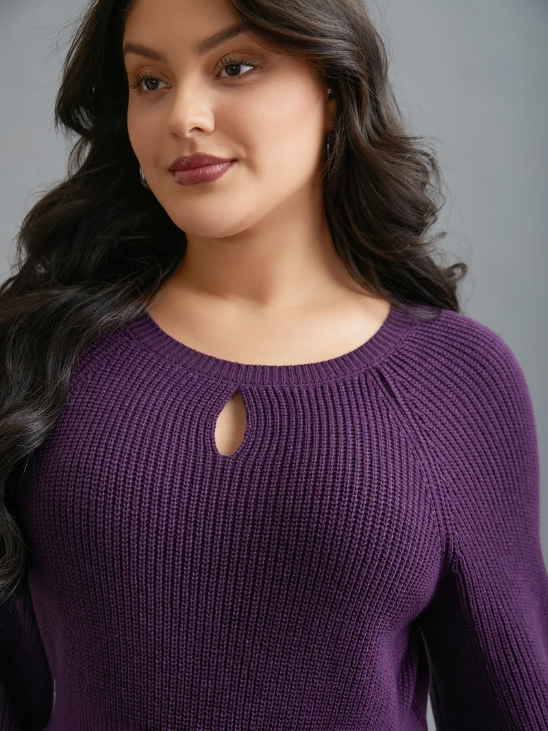 Plain Textured Keyhole Raglan Sleeve Pullover