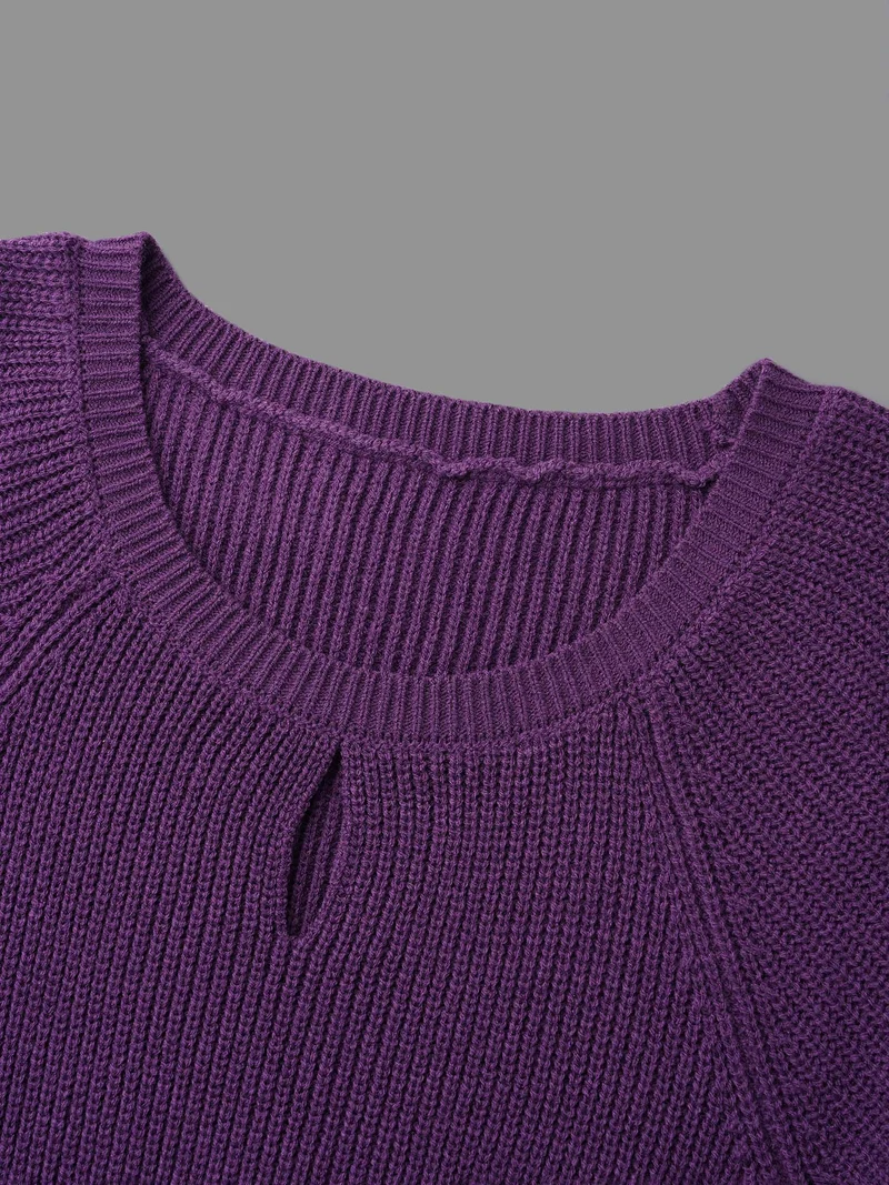 Plain Textured Keyhole Raglan Sleeve Pullover