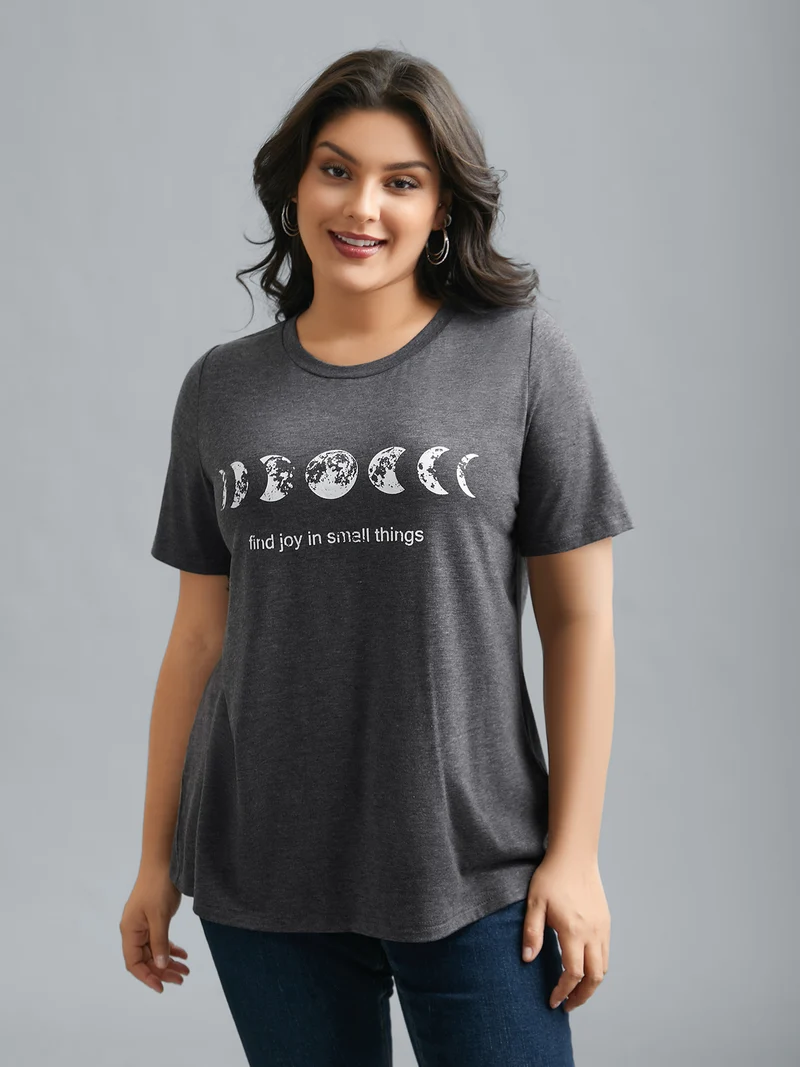 Round Neck Lunar Pattern Slim-Fit T-Shirt