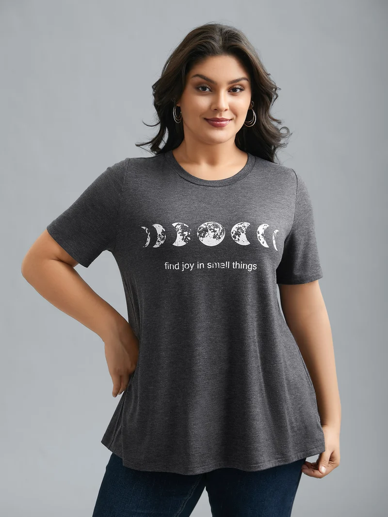 Round Neck Lunar Pattern Slim-Fit T-Shirt