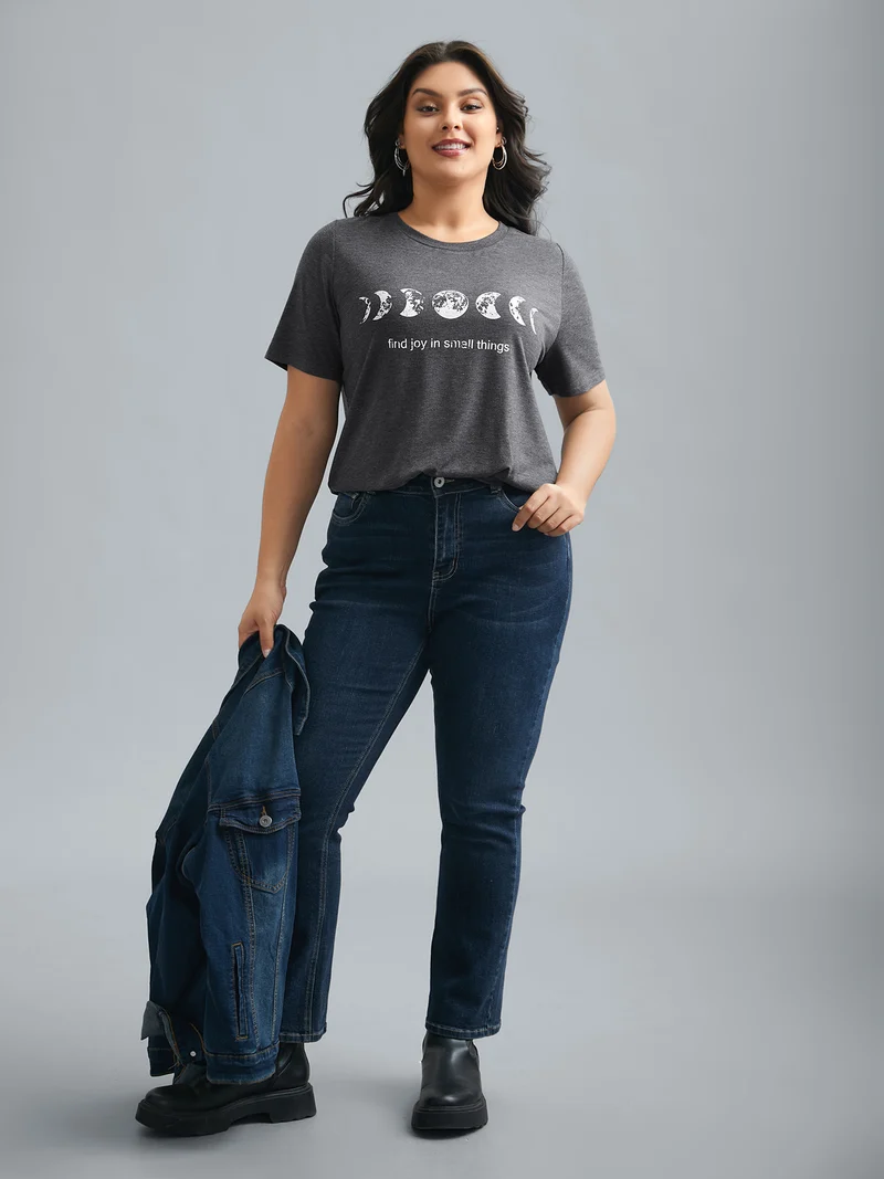 Round Neck Lunar Pattern Slim-Fit T-Shirt