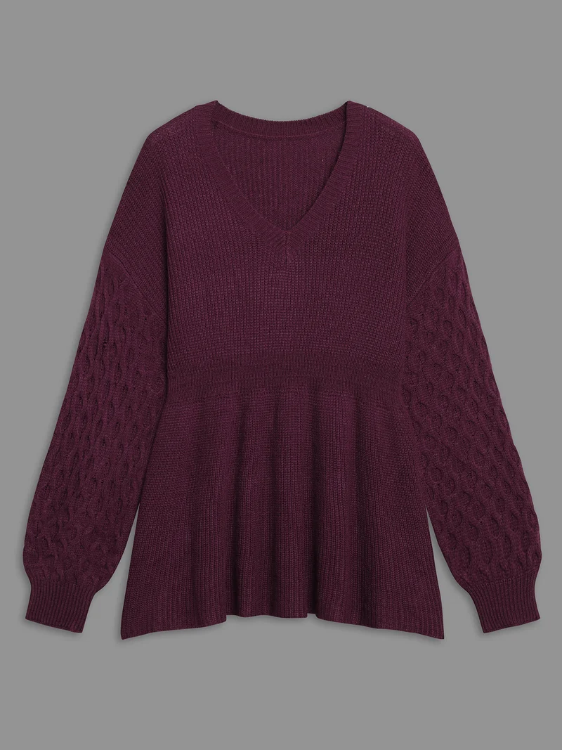 Plain Ribbed Knit Waist Cinched Pullover