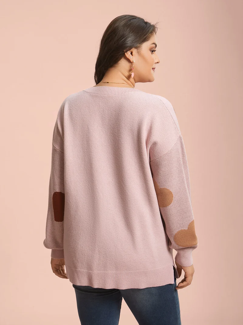V-Neck Heart Jacquard Contrast Pullover