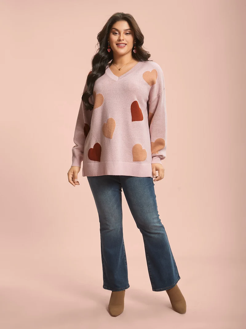 V-Neck Heart Jacquard Contrast Pullover