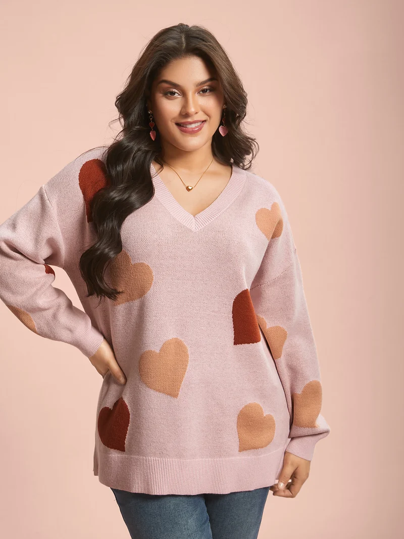 V-Neck Heart Jacquard Contrast Pullover