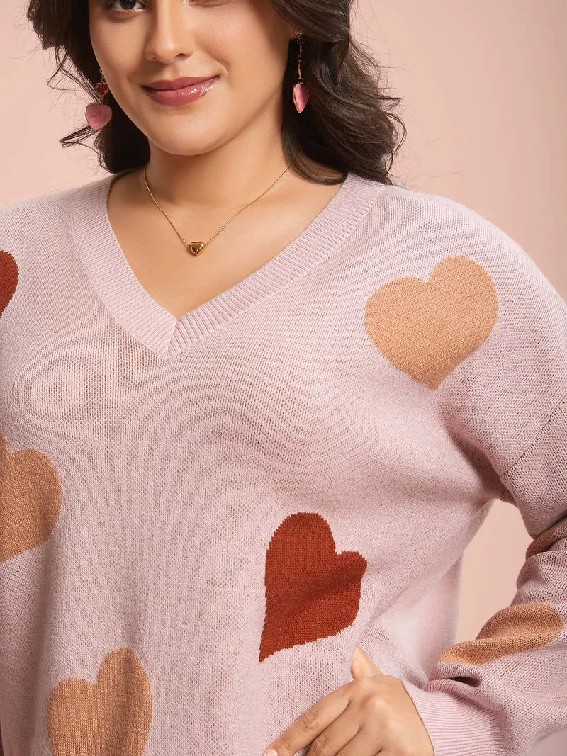 V-Neck Heart Jacquard Contrast Pullover