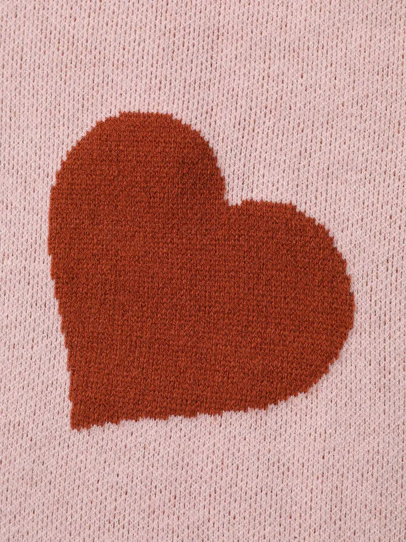 V-Neck Heart Jacquard Contrast Pullover