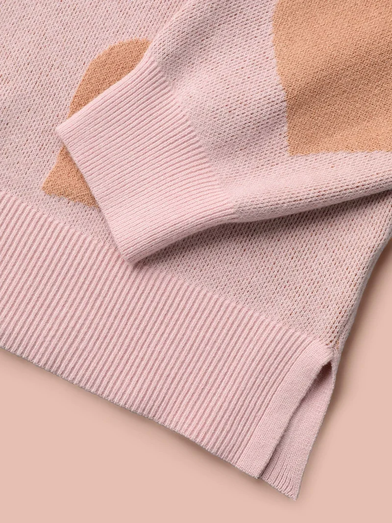 V-Neck Heart Jacquard Contrast Pullover