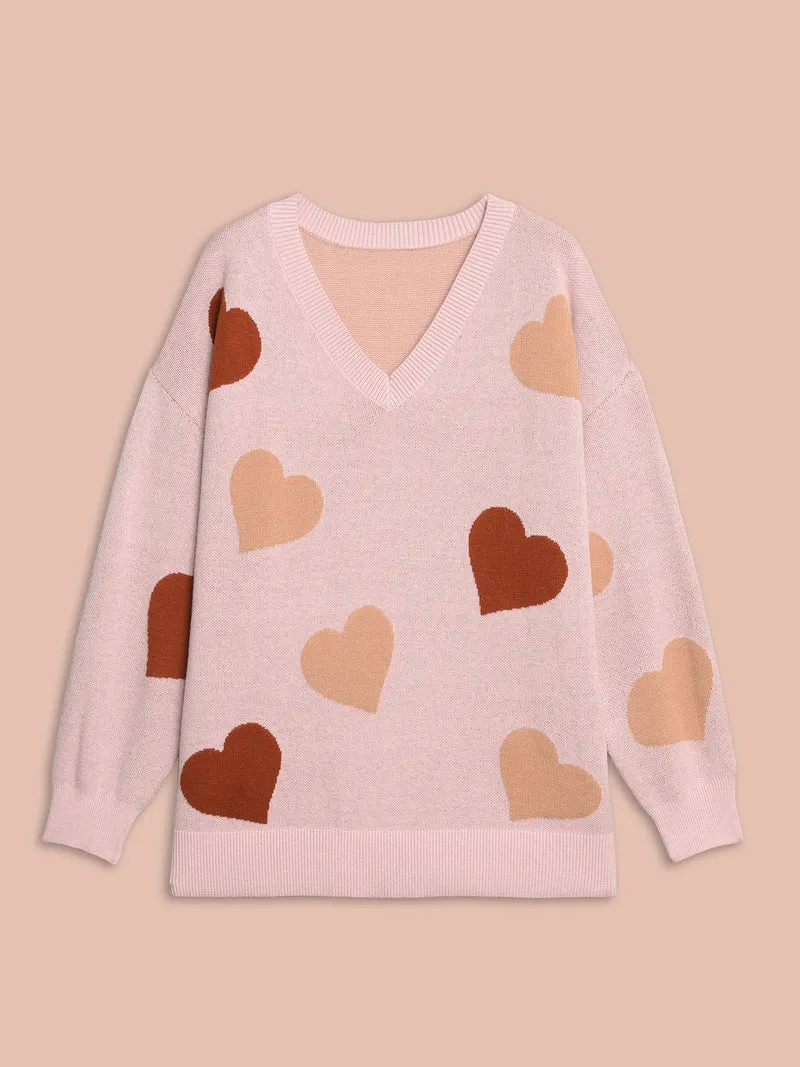 V-Neck Heart Jacquard Contrast Pullover