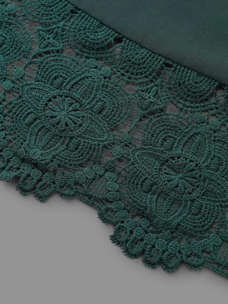 V Neck Plicated Detail Contrast Lace Blouse