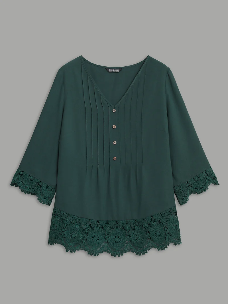 V Neck Plicated Detail Contrast Lace Blouse