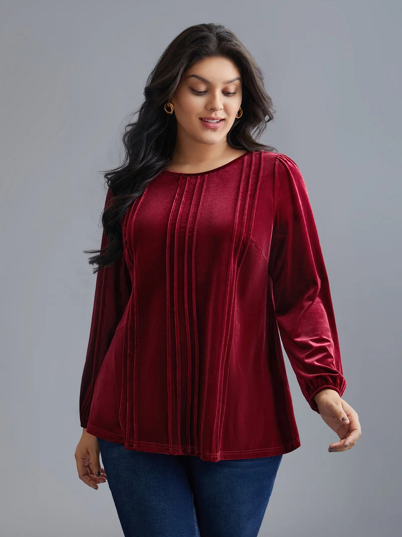 Plain Round Neck Gathered Velvet Blouse