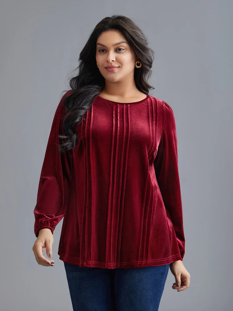 Plain Round Neck Gathered Velvet Blouse