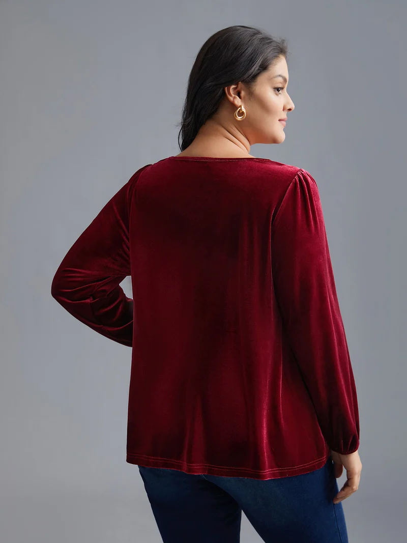 Plain Round Neck Gathered Velvet Blouse