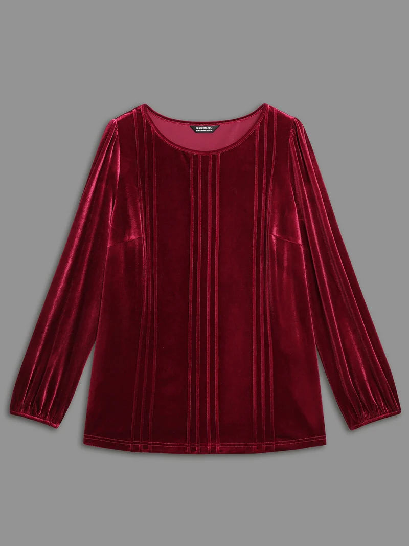 Plain Round Neck Gathered Velvet Blouse