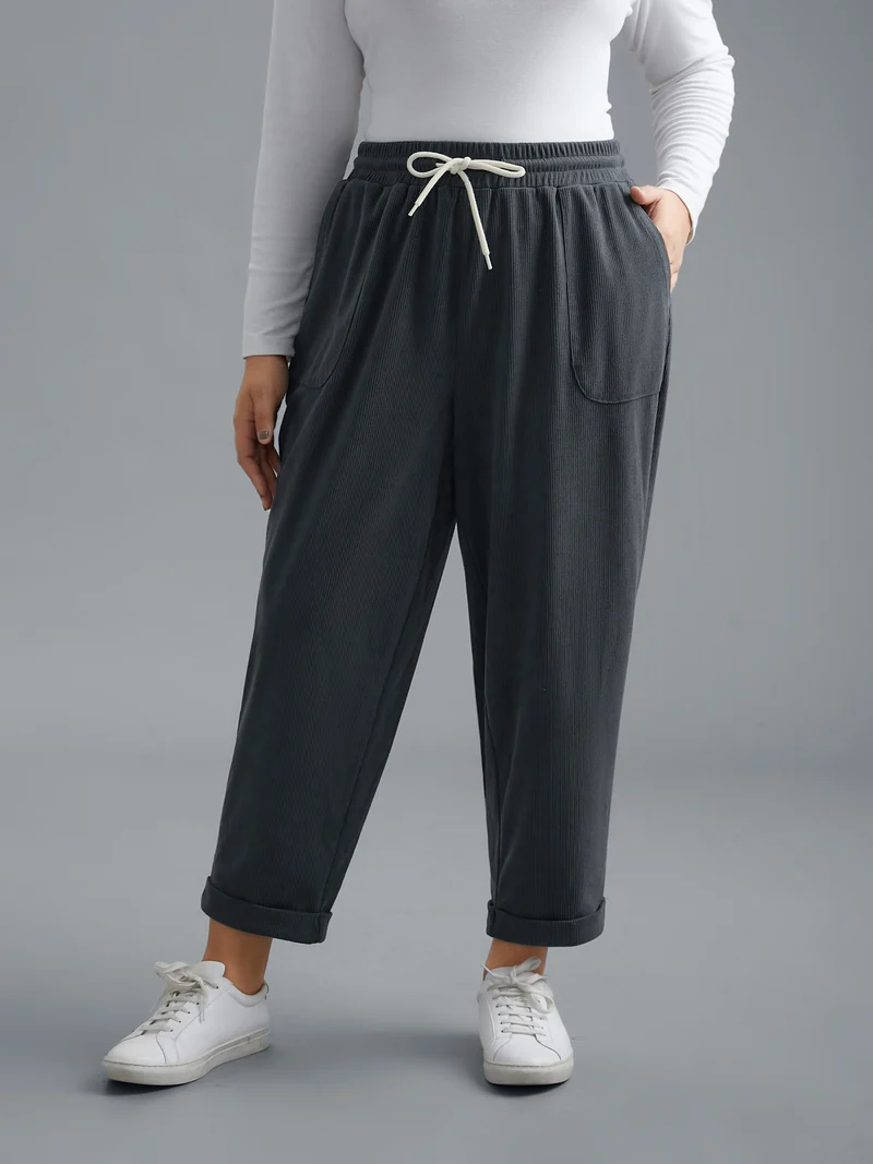 Plain Drawstring Slant Pocket Roll Hem Pants
