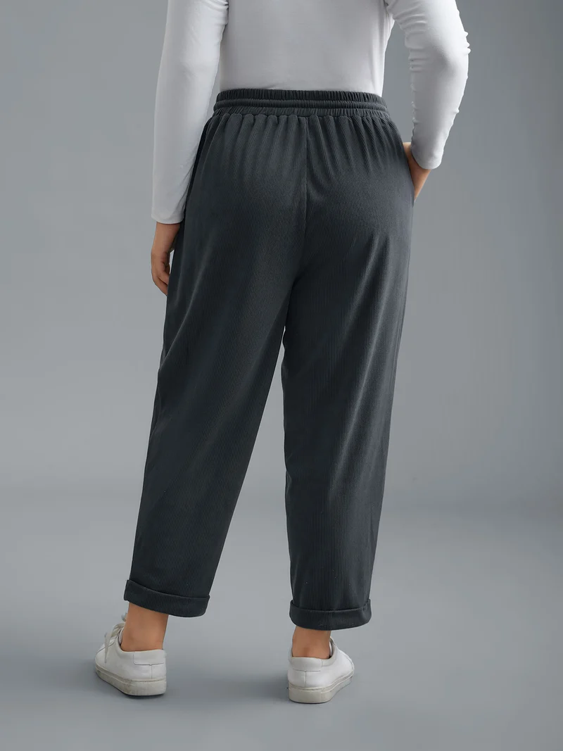 Plain Drawstring Slant Pocket Roll Hem Pants