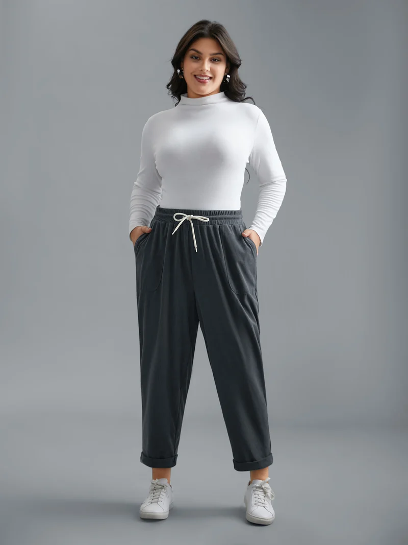 Plain Drawstring Slant Pocket Roll Hem Pants