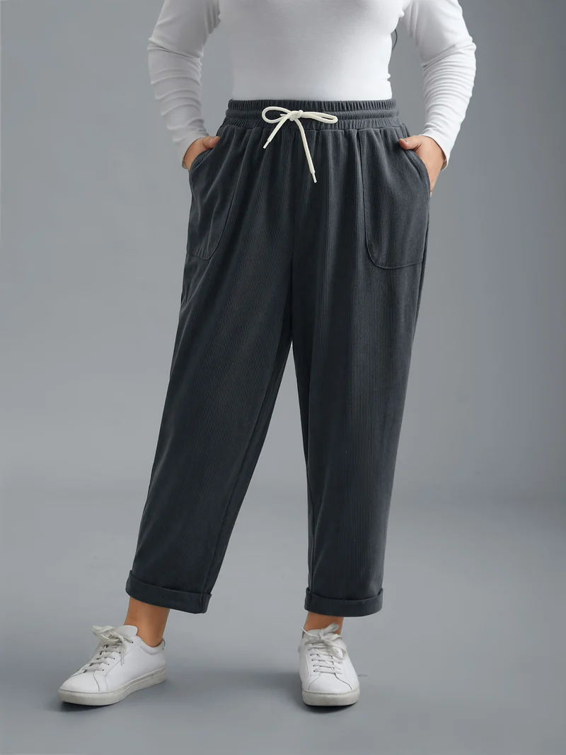 Plain Drawstring Slant Pocket Roll Hem Pants